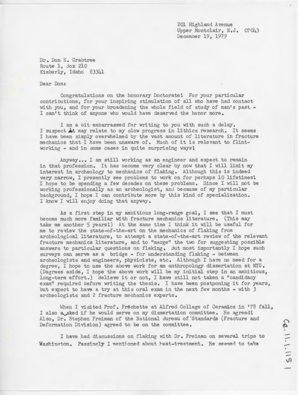 Letter discussing Tsirk's work in flaking and on his degree. He discusses the "mist" when flintknapping, using water, and other problems he's running into. He asks some flintknapping questions. Includes labeled drawings of the flintknapping problems.