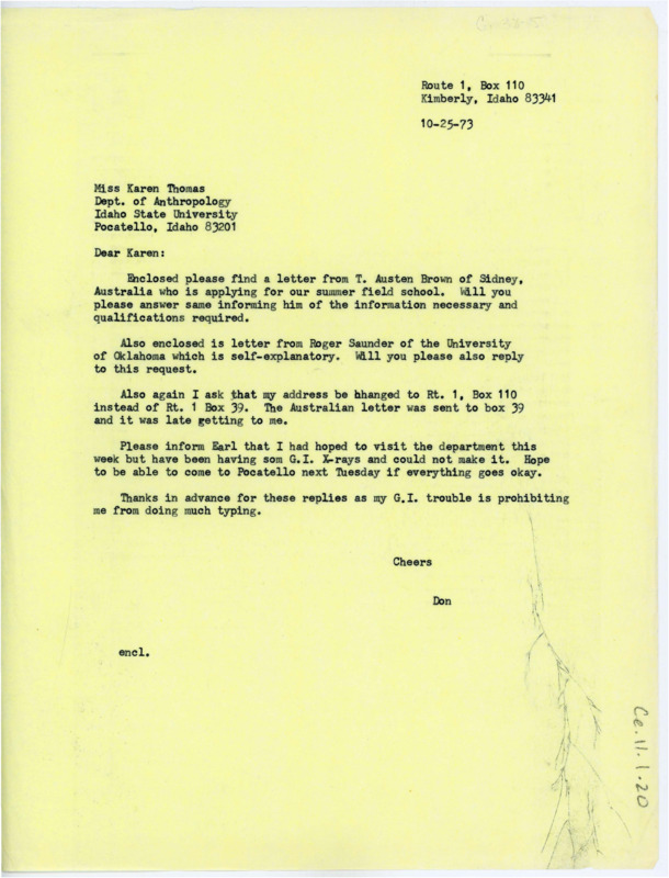 Letter asking if Thomas would return letters about field school. Crabtree asks if she will inform Swanson that he will not be in that week.