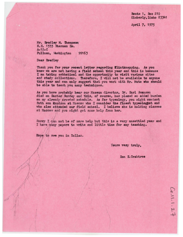 Letter stating Crabtree is too busy to teach Thompson how to flintknap. Instead, he suggests some other teaching resources.