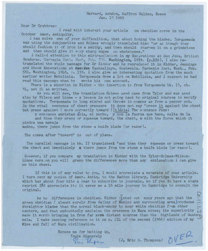 Letter discussing the error in Holmes's translation of Torquemada's flintknapping demonstration. Thompson gives the correct translation and discusses more flintknapping technique.