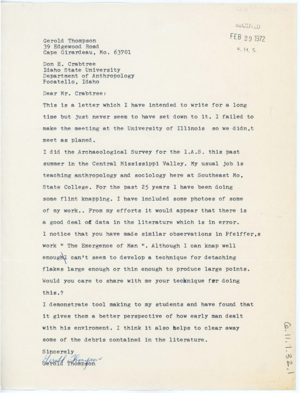 Letter introducing himself and asking if Crabtree would share how he produces large flakes to make large points. Included are photos of some of Thompson's flintknapping work.