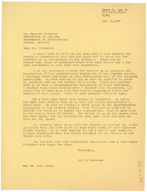 Letter discussing Crabtree's work on a paper on Hohokam points, his flintknapping meeting with Bordes, and sends regards from other colleagues.