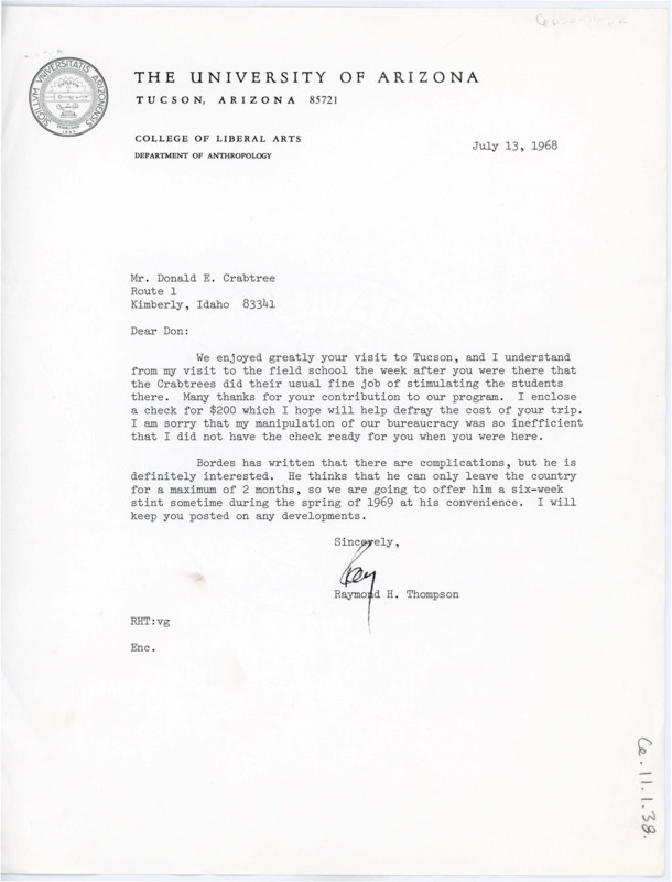 Letter thanking Crabtree for field school and giving him a check for his travels. Thompson discusses plans with Bordes.