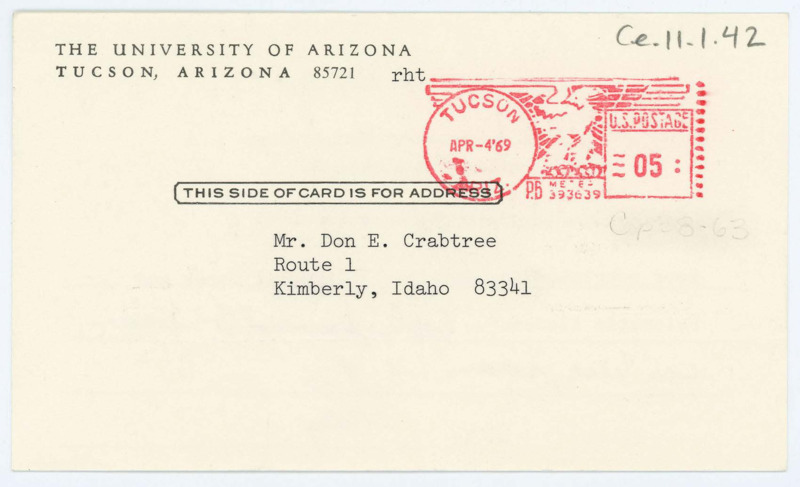 Postcard acknowledging Crabtree's reprint of an article.