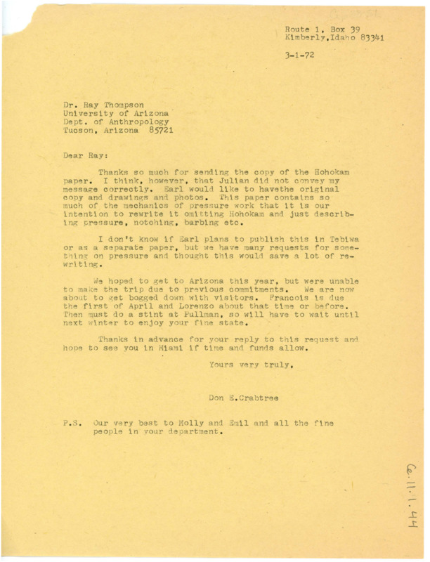 Letter asking for the original Hohokam article copy. Crabtree discusses his travel plans.