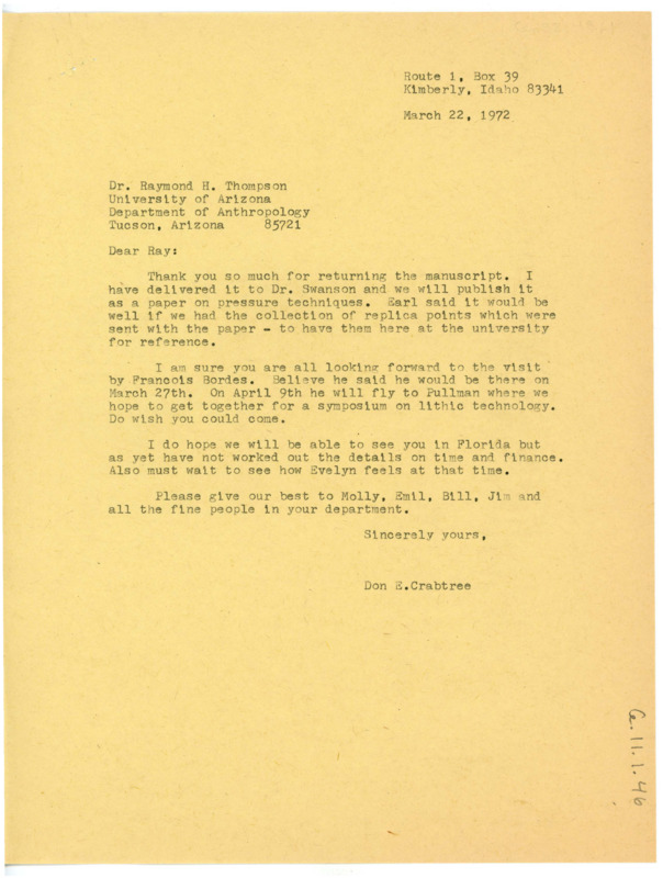 Letter thanking Thompson for sending a manuscript and asks if he will also send the replica points. Crabtree discusses Bordes upcoming visit.