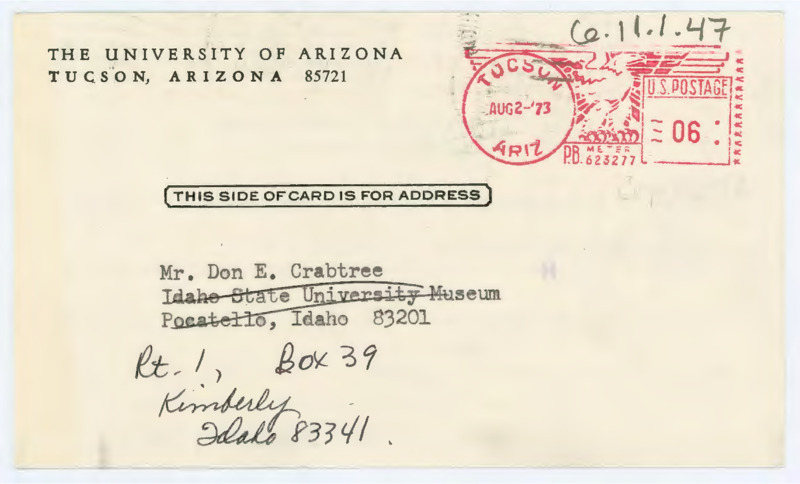 Postcard acknowledging Crabtree's reprint of an article.