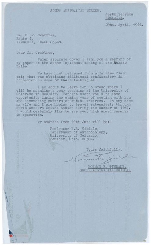 Letter informing Crabtree that he sent an article for him. Tindale will be travelling to the U.S. and teaching in Colorado in the coming year. He would like to meet up.