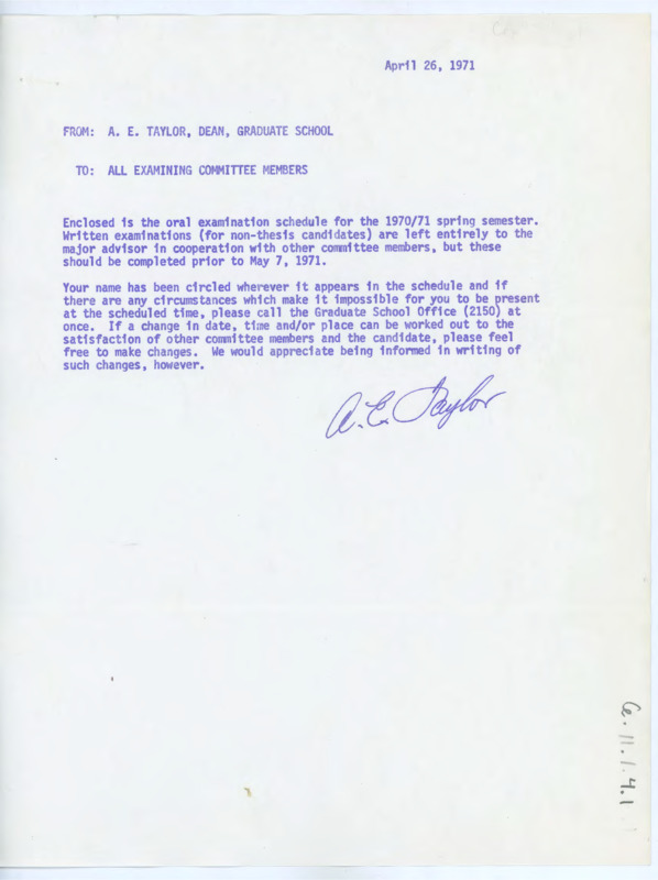 Letter discussing the oral exam schedule of a University. Taylor asks Crabtree to note any changes he needs to be made in the schedule. Includes the sais schedule.