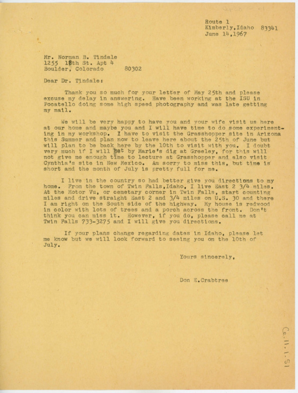 Letter planning logistics for Tindale and his wife to visit the Crabtree's in Idaho. Crabtree discusses his summer travel plans.