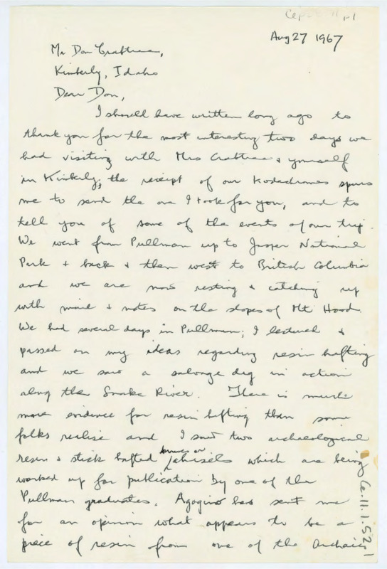 Letter discussing Tindale's travels, lectures, and archaeology studied in Pullman. Handwriting is difficult to read.