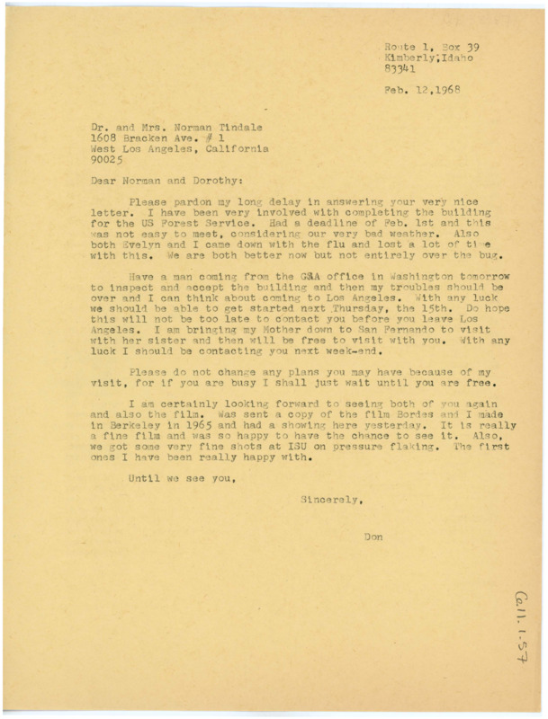 Letter discussing Crabtree's availability to meet with Tindale in Los Angeles. Crabtree discusses making a flintknapping film.