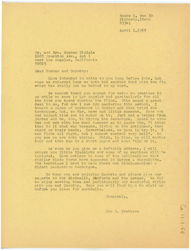 Letter thanking the Tindales for their hospitality. Crabtree discusses his flintknapping experiments and other lithic techniques.