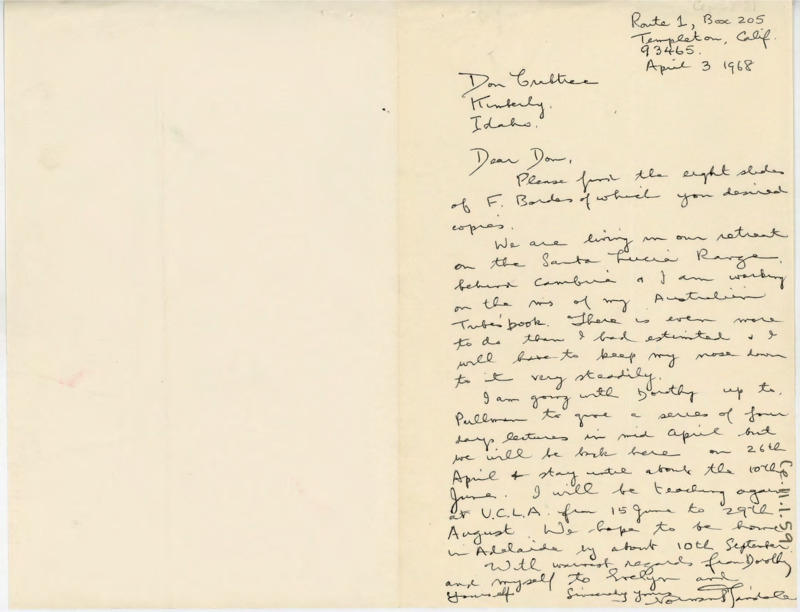 Letter discussing Tindale's work in Cambria and Australia. Tindale is going to Pullman for a lecture series and he discusses his other travel plans.