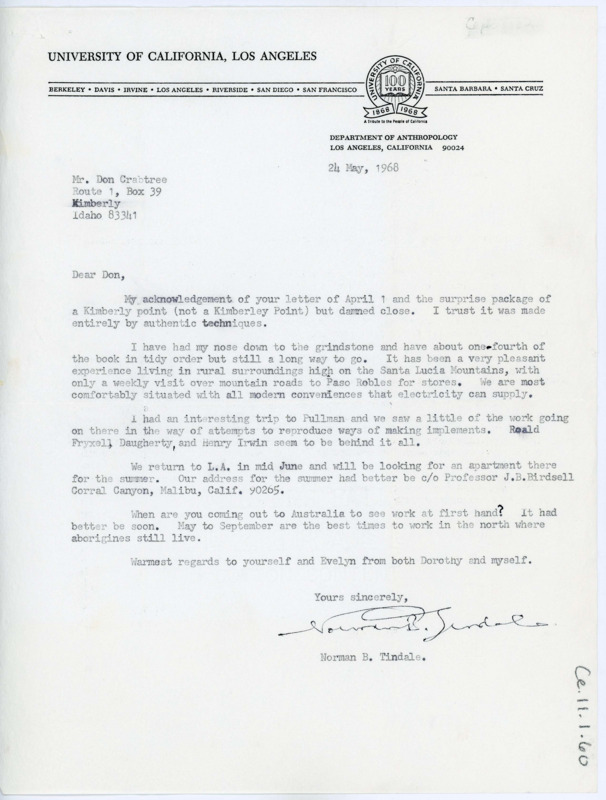 Letter discussing Tindale's work on his book, visits to Pullman, and moving plans. Tindale thanks Crabtree for the Kimberly point he sent.