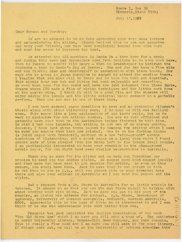 Letter discussing Crabtree's travel and lithic technology work in various places. He writes about his current articles, upcoming travels, and he refers Tindale to help an Australian colleague.