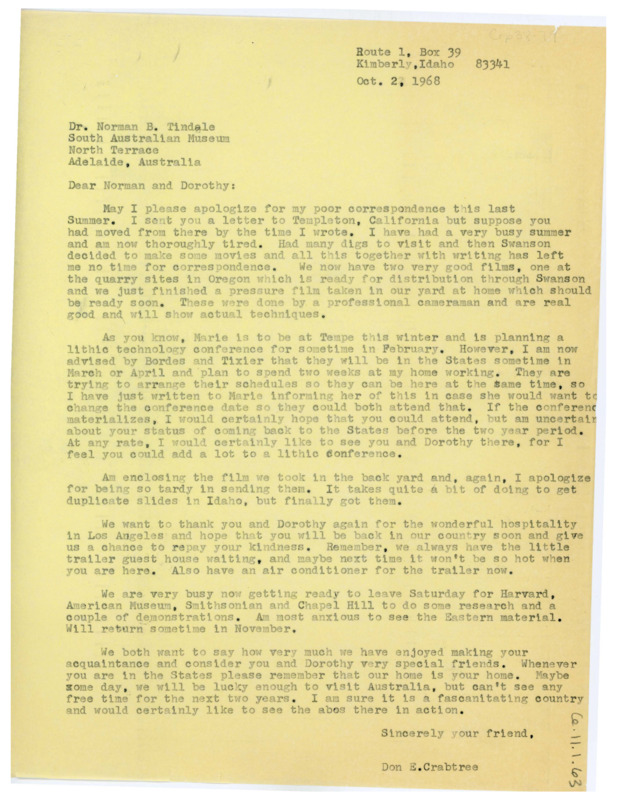 Letter discussing Crabtree's busy travels and recent films. He informs the Tindales of an upcoming conference and who will be attending. He thanks them for their hospitality and hopes they can visit soon.