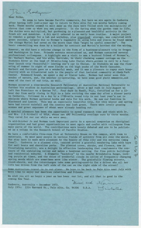 A holiday letter from Norman and Muriel Tindale. They share the work on their house, their travels, their work in Australia, and they discuss their new time in Australia.