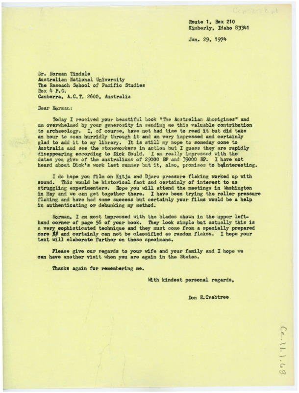 Letter discussing Tindale's book on Australian lithic technology. Crabtree discusses pressure flaking, how he is impressed by some of the blades, and his interest in seeing some film.