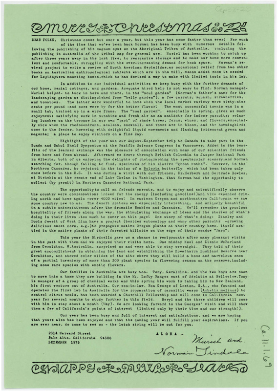 Holiday letter discussing the Tindale's travel, work, and adventures of the last year. The letter contains a handwritten note on the back. The note discusses Tindale's lithic technology research and conference/workshop plans.