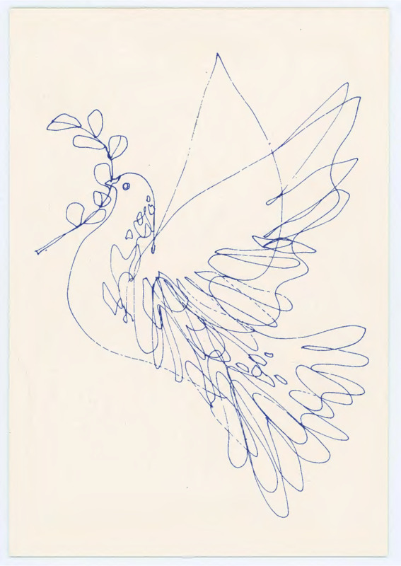 Holiday card with single line drawing of a bird on the front.