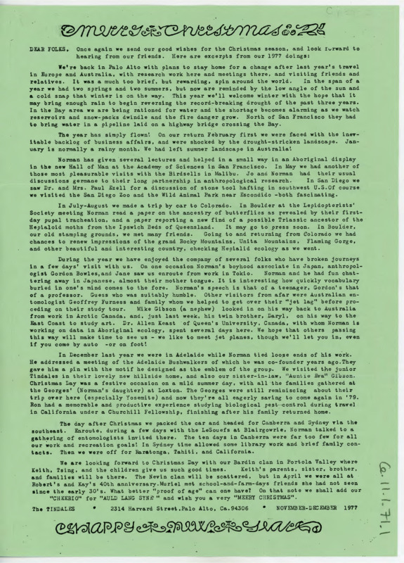 Holiday letter discussing the Tindale's last year of travel, meeting up with old friends and family, and anthropology work. Includes a handwritten note on the back discussing Norman's archaeology work in Australia and hopes to see the Crabtrees soon.