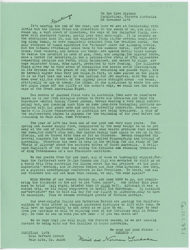 Holiday letter discussing the Tindale's last year. They travelled, visited old friends and are currently in Australia. They discuss the landscape and current fieldwork.