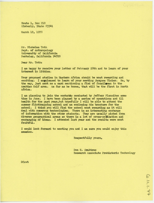 Letter discussing Toth's interest in flintknapping. Crabtree invites Toth to a summer flintknapping workshop.