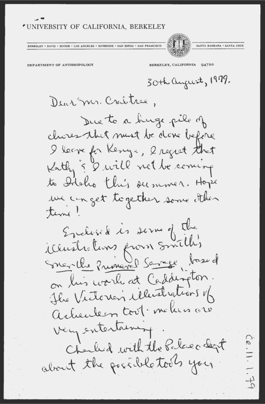 Letter informing Crabtree Toth will not be coming to Idaho. He enclosed a copy of Smith's Men The Primeval Savage, and he discusses his current flintknapping analysis.