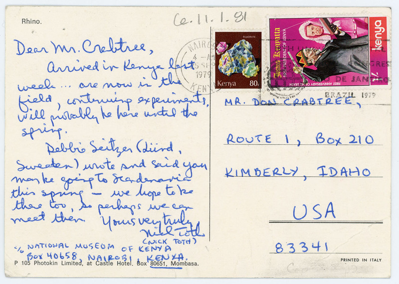 Postcard letting Crabtree know Toth is in Kenya. Toth makes plans for visiting Crabtree abroad.