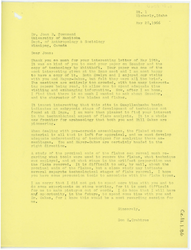 Letter discussing Townsend's research on Ecuador lithic technology. Crabtree asks questions on her research and offers to help with the flake analysis. He hopes to work with Townsend soon.