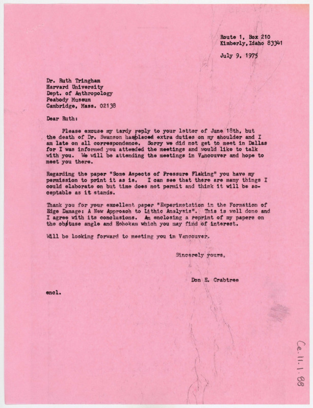 Letter hoping to meet Tringham at their next conference. Crabtree allows her to print his article as is and compliments her article she sent.