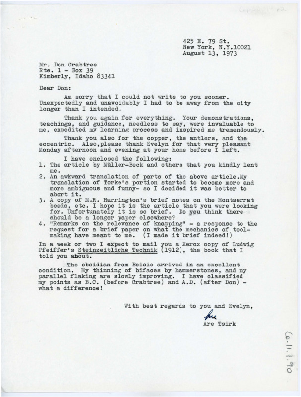 Letter thanking Crabtree for his help in flintknapping and giving materials to him. He lists off the articles he has enclosed and notes he will be sending another book soon.