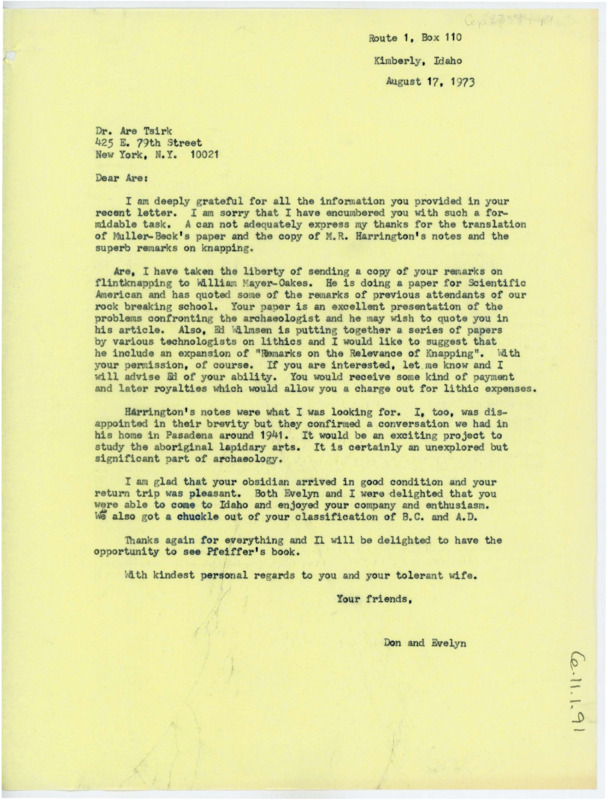 Letter thanking Tsirk for the information he gave and informing him that Crabtree sent his remarks to Mayer-Oakes who is writing a paper on flintknapping. He discusses Harrington's notes.