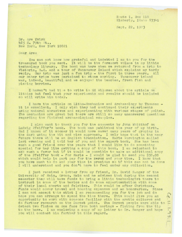 Letter thanking Tsirk for sending a book and articles. Crabtree asks if he can send another copy of the book for payment to give to Marie Wormington. Crabtree discusses a potential trip to Canada to instruct flintknapping basics for which he recommended Tsirk. Crabtree discusses Junius Bird's recent work in Panama.