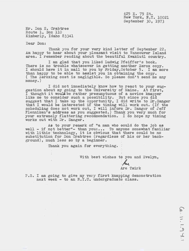 Letter informing Crabtree he would be happy to make another copy of Ludwig Pfeiffer's book. Tsirk is hoping he will be able to teach a workshop at University of Maine per Crabtree's recommendation.