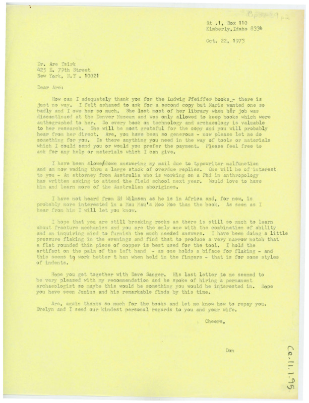 Letter thanking Tsirk for sending the book and asking what Crabtree can do in return. Crabtree discusses field school, his recent flintknapping work, and encourages Tsirk to work with Dave Sanger.