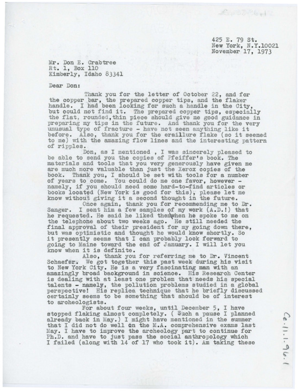 Letter thanking Crabtree for the flintknapping materials, and informing him that he likely got the job with Dave Sanger. Tsirk discusses meeting with Vincent Schaefer and his new attempts at passing the anthropology masters exams.