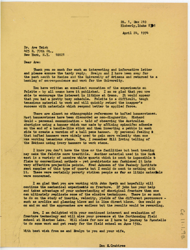 Letter discussing Tsirk's work in Maine with felsite material. Crabtree discusses hammerstone techniques and Tsirk's work on fracturing with John Speth.