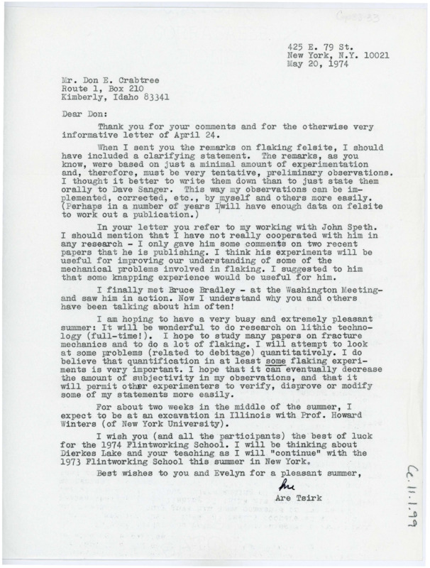 Letter discussing Tsirk's felsite remarks, his flintknapping and research planned for the summer, and work with John Speth.