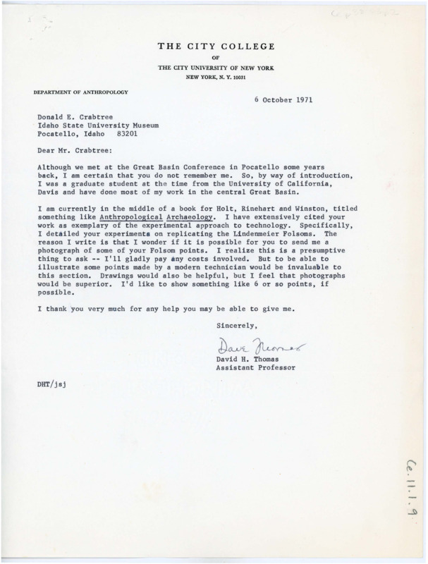 Letter asking if Crabtree could send photos of his Folsom points to include in Thomas's book on Anthropological Archaeology.