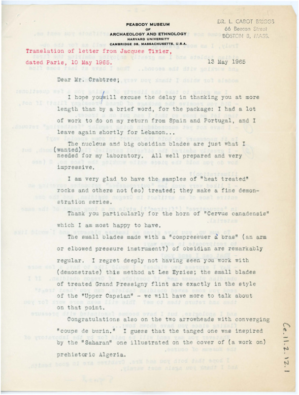 Translation of the 1965-05-10 letter from Jacques Tixier. The letter discusses the package of obsidian blades Crabtree sent. Tixier asks Crabtree some questions about flintknapping.