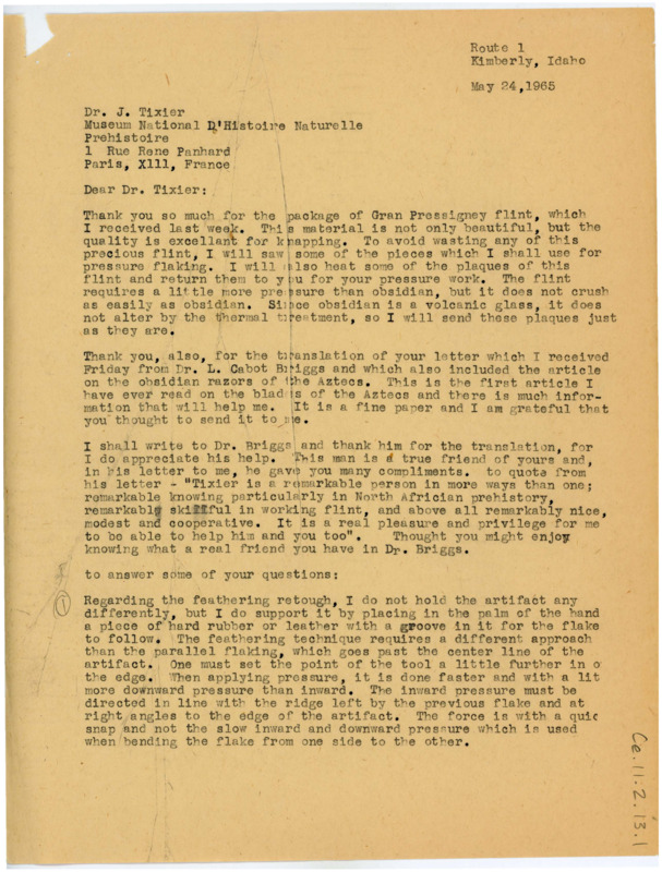 Letter thanking Tixier for sending flint, a translated letter, and article. Crabtree answers Tixier's questions on reverse flaking. He discusses a photo request and recent visits with other flintknappers. Third page is a separate letter discussing flintknapping progress and travel plans.