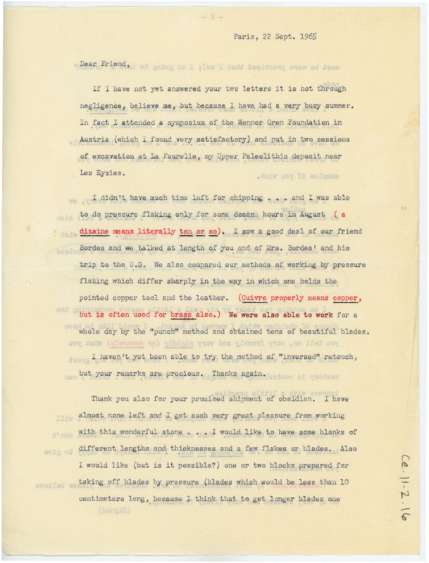 Translation of the 1965-09-22 letter by Jacques Tixier. He discusses flintknapping techniques, a conference, and materials he is sending.