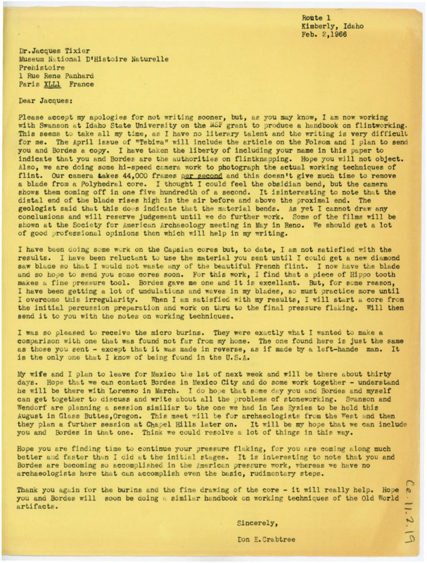 Letter discussing an article Crabtree is working on, his recent flintknapping work, and upcoming travels. Crabtree thanks Tixier for the material he sent.