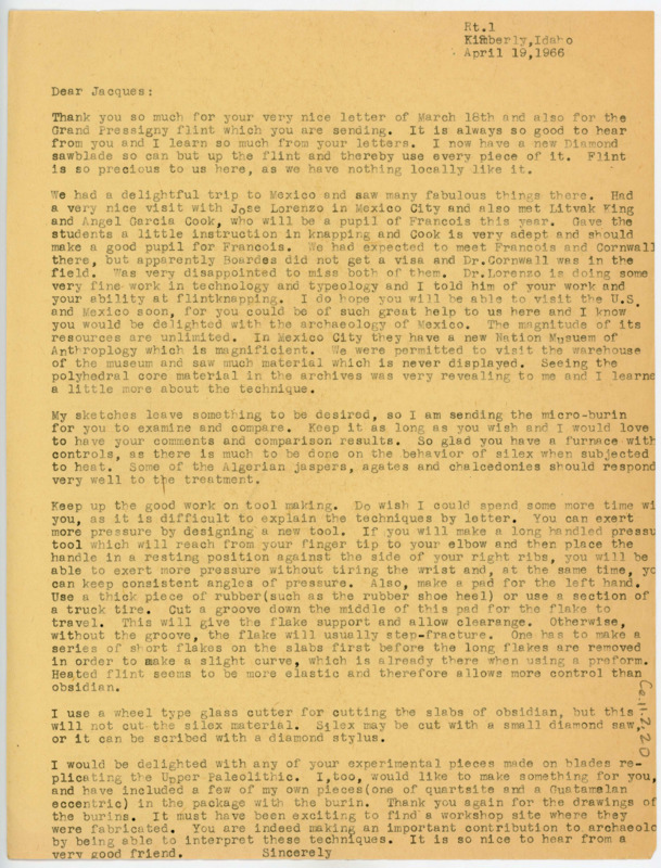 Letter discussing Crabtree's recent trip to Mexico and giving some advice to Tixier on flintknapping. Crabtree asks for bifaces and thanks him for sending past materials.