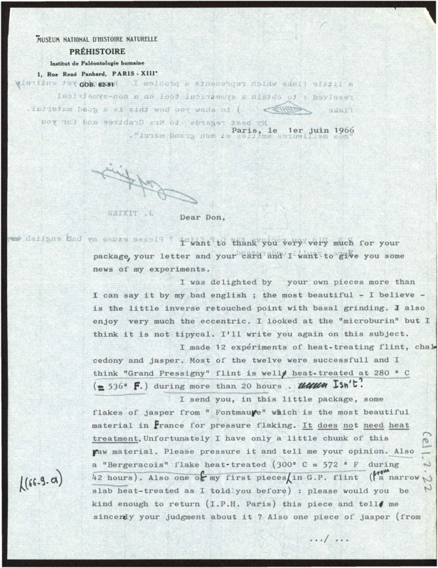 Letter discussing Tixier's recent flintknapping experiments, and informing Crabtree of the package he sent. He is sending flakes of jasper for flintknapping.