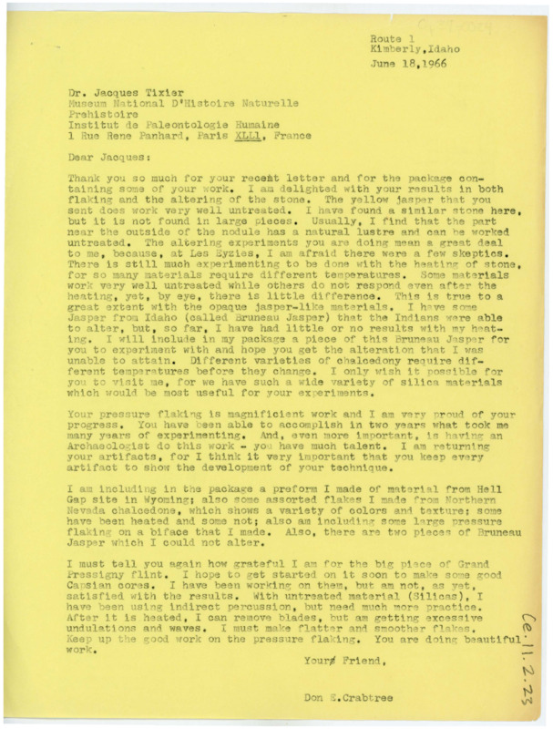 Letter discussing heat treatment and flintknapping and complementing Tixier's work. Crabtree thanks Tixier for sending flint and informs him of a package he sent of a preform.