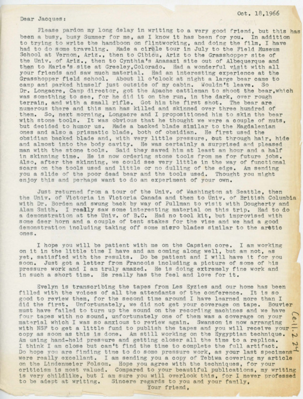 Letter telling the story of a man using Crabtree's stone tools to skin a bear. Crabtree discusses his travels, flintknapping demonstrations, his publications, and filming.