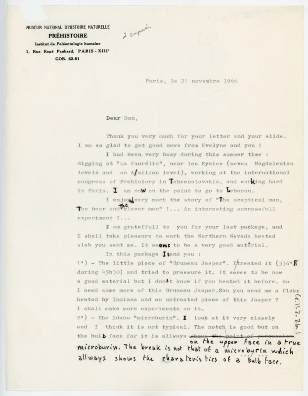 Letter outlining the artifacts Tixier sent Crabtree. Tixier goes over his flintknapping work and problems and comments on Crabtree's Tebiwa article.